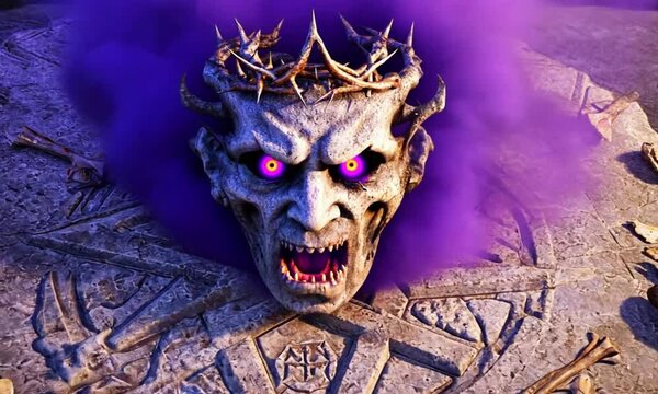 A dark ritual unleashes a demon, face slowly forms swirling smoke of an ancient incantation. demon&rsquo;s features are sharp and evil, its mouth opens to reveal rows of sharp teeth