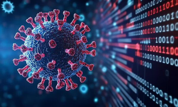 A detailed digital illustration of a virus with red spikes surrounded by binary code, symbolizing data and health technology