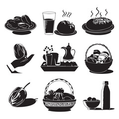Iftar food (Dates, Water, Bread) silhouette Food and Drink Black Icons Food and Drink Black Icons