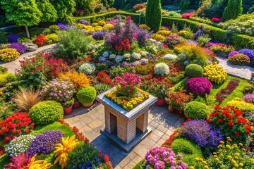 Obraz premium Elevated View: Podium in Lush Blooming Garden - Springtime Floral Display