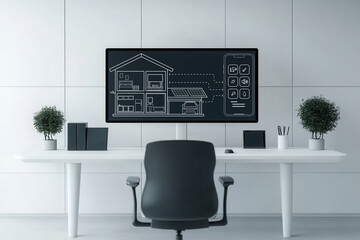 concept Minimalism Smart Home Technology Modern workspace with a large monitor displaying architectural blueprints and stylish decor.