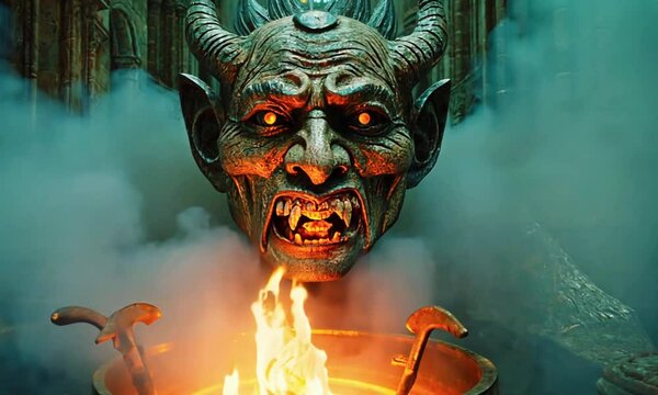 A dark ritual unleashes a demon, face slowly forms swirling smoke of an ancient incantation. demon&rsquo;s features are sharp and evil, its mouth opens to reveal rows of sharp teeth