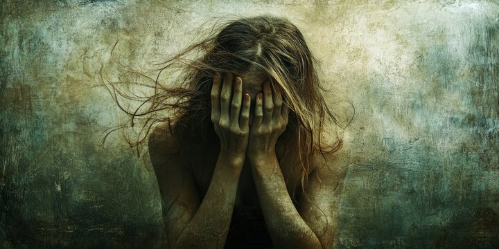 A woman covering her face in fear, symbolizing awareness of domestic violence and abuse. Ideal for social justice and awareness campaigns.