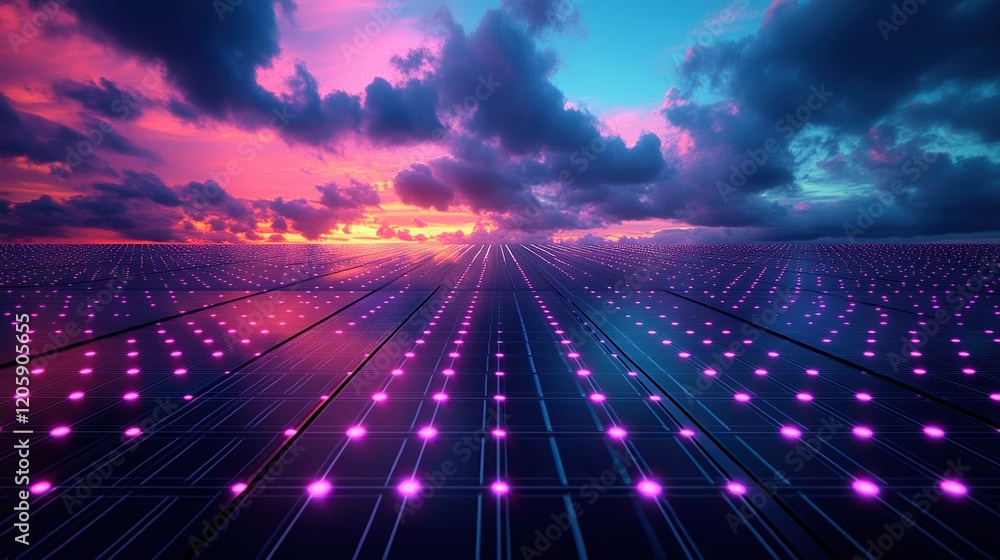 Poster glowing grid path under sunset clouds, digital data field