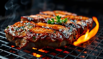 Grilled beef steak on flaming barbecue grill, juicy meat, sizzling, char marks, smoke rising, vibrant green herbs, close-up, high contrast, dramatic lighting