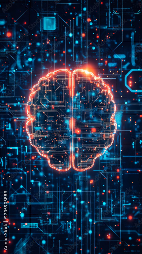 Aufkleber Glowing human brain with electronic circuits representing artificial intelligence, machine learning, deep learning and neural networks