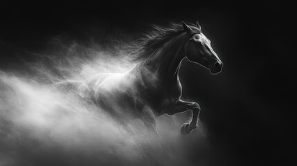 Majestic black horse running, mane and tail flowing, in a cloud of dust against a dark background.