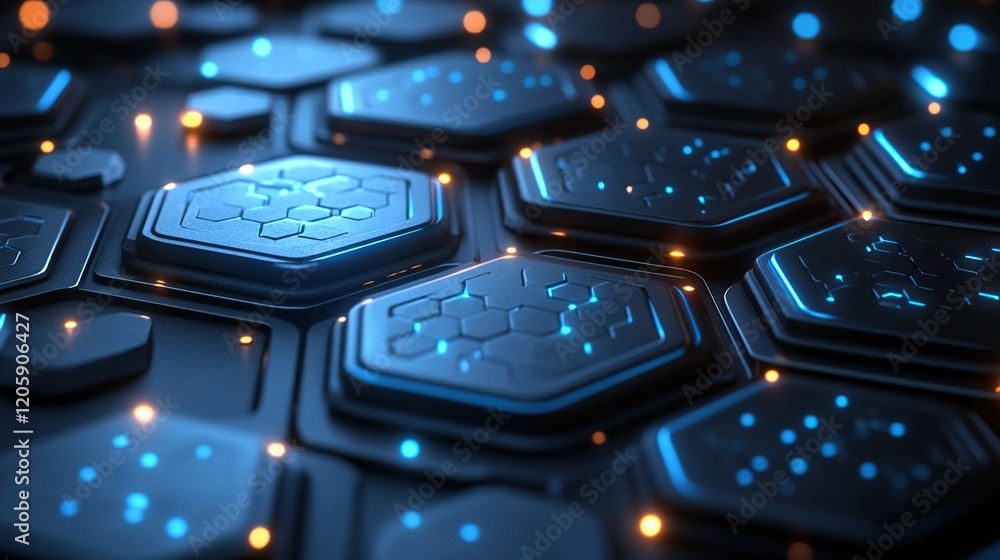 Poster glowing hexagons on dark surface with circuit details in digital background