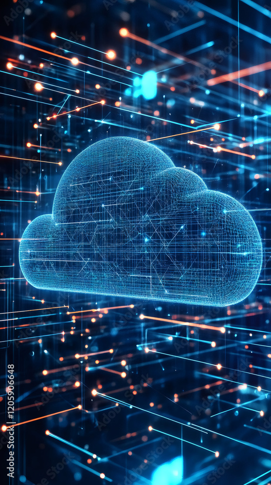 Poster cloud computing network transferring digital information through data lines, representing data stora
