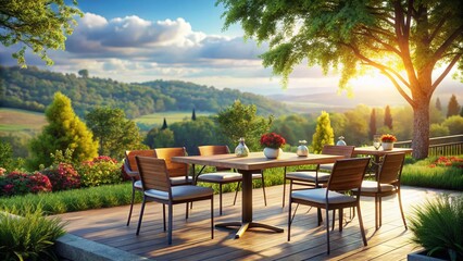 Obraz premium Empty Cafe Table, Sunlit Patio, Summer Day, Outdoor Restaurant