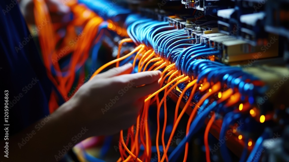 Poster close up of a technician's hands connecting network cables to a server rack in a data center, highli