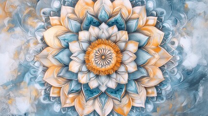 Symmetrical mandala artwork with detailed floral elements in a watercolor style featuring cool and warm tones