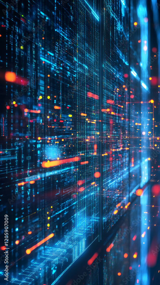 Poster futuristic server racks processing big data with glowing lines of information and colorful bokeh