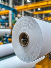 A large roll of white paper sits in a factory, with machinery and industrial elements in the background, showcasing a manufacturing process.