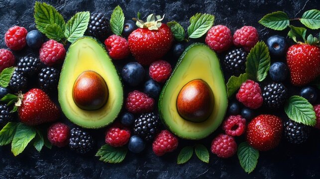 Vibrant assortment of fresh berries and avocados on a dark background