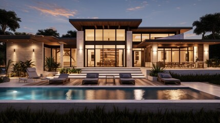 Fototapeta premium Modern Luxury Home Evening Poolside Relaxation