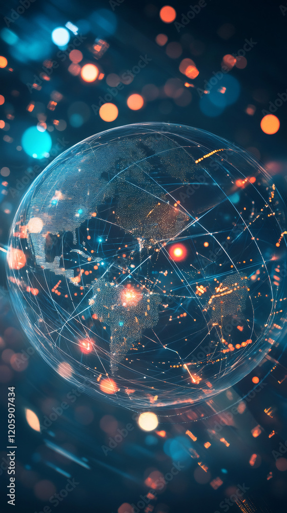 Leinwandbilder Digital world map showing connections with glowing dots and lines, concept of global network and internet of things