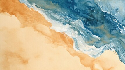 Abstract watercolor painting of ocean waves meeting sandy beach.