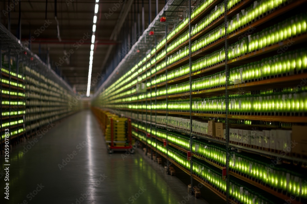 Fototapete In a spotless server room, rows of glowing green racks extend into the distance, exemplifying advanced technology and precision in data management and storage
