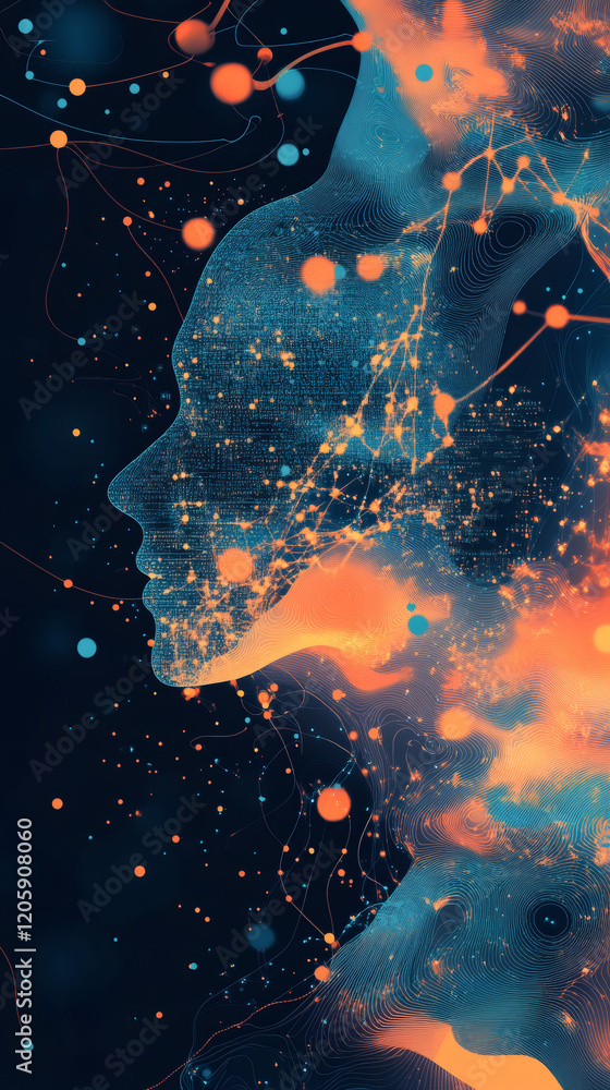 Poster AI generating digital human face, blending with networked data streams, representing technological convergence and human-machine interaction