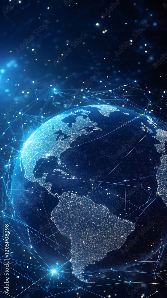 Poster digital world map showing data exchange and network connections, globalization and internet of thing