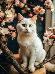 A beautiful white persian cat with blue eyes sits on a branch with pink flowers 