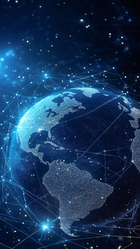 Fototapeta Digital world map showing data exchange and network connections, globalization and internet of things concept