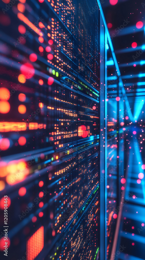 Poster server racks emitting colorful lights in a modern data center, suggesting advanced technology and da