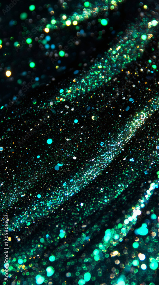 Poster vibrant green glitter spinning against dark backdrop, generating luminous bokeh pattern with shimmer