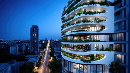 Obraz premium Modern high-rise building with lush greenery on balconies at night