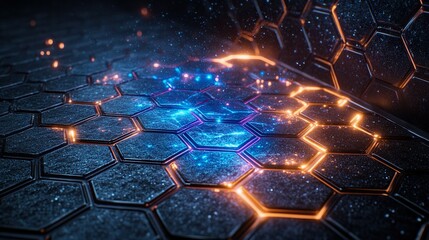 Glowing hexagons with sparks on dark surface