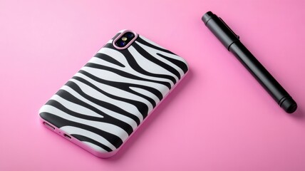 Black and white zebra-print phone case beside black pen on pink background