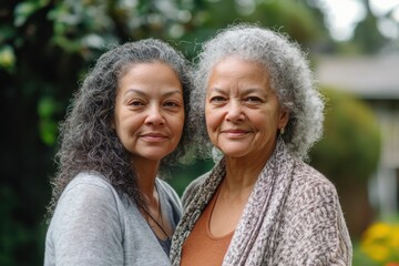 Naklejka premium African american Senior mother and her adult daughter hug and stand together. Generation unity, family relationship, bonds. Latina Mature women embrace for mothers day