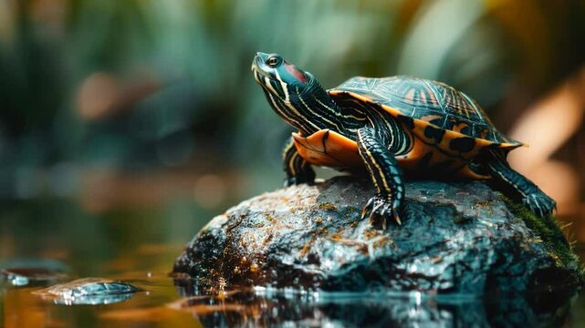 Video of a turtle sitting on a rock by the water, with bright colours and shell details. Suitable for ecological and environmental projects, zoo advertising 
