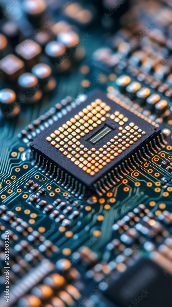 Poster macro view of a modern cpu placed on a green circuit board, showcasing the intricate details of elec