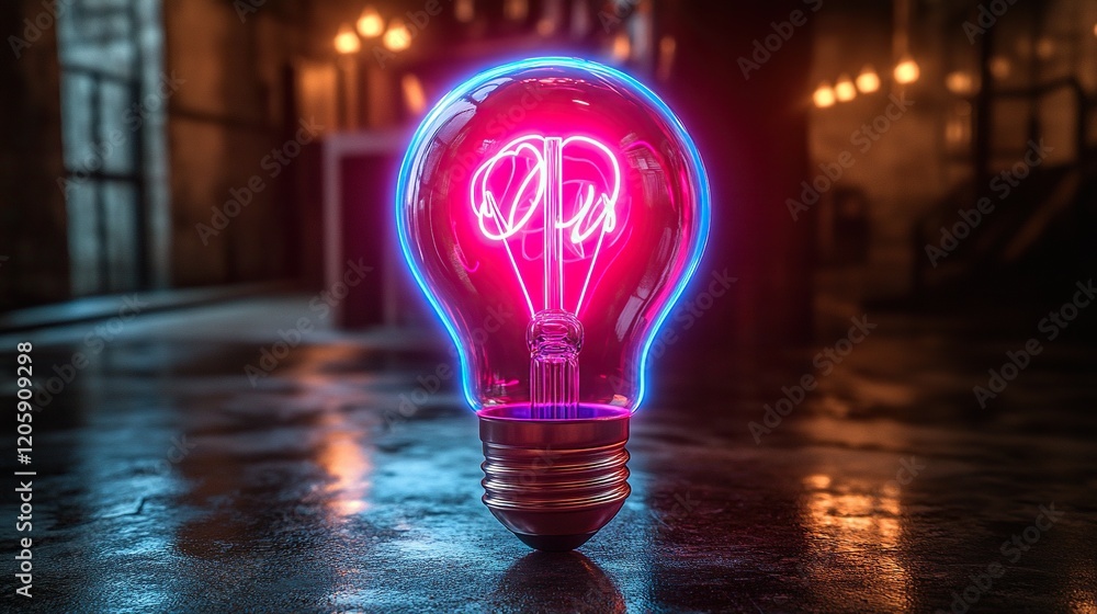 Poster glowing lightbulb on dark floor in empty room with dim background lights