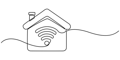 Smart house with wifi continuous one line drawing of white background. Continuous Line Drawing of Smart House Icon. Hand Drawn Symbol Vector Illustration, Work From Home Line Icons With Editable. 