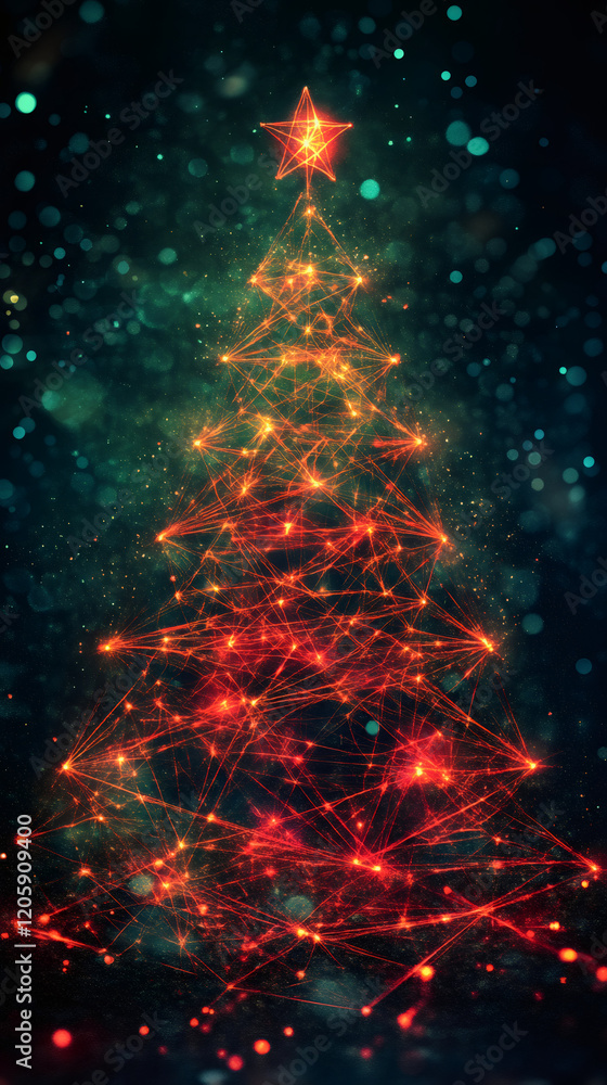 Poster abstract christmas tree glowing with points and lines against a dark, sparkling background, perfect 