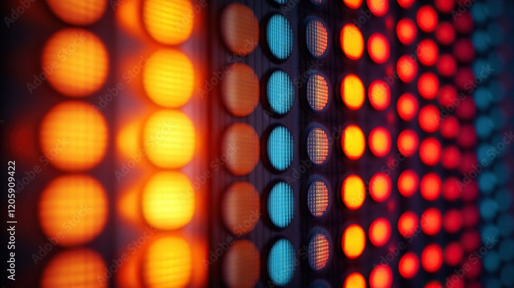 Poster glowing led wall display with colorful light patterns in dim room