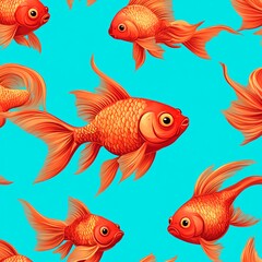 Naklejka premium Group of red fish in cartoon style, seamless pattern on a turquoise background.