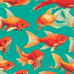 Fototapeta premium Group of gold fish in cartoon style, seamless pattern on a green background.
