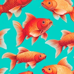 Fototapeta premium Group of gold fish in cartoon style, seamless pattern on a green background.