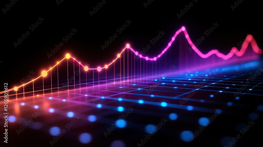 Poster glowing line graph fluctuating on digital grid, dark background, data analysis