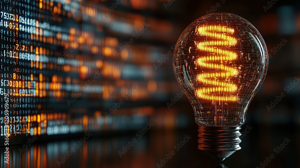 Poster glowing lightbulb with code background suggesting innovation