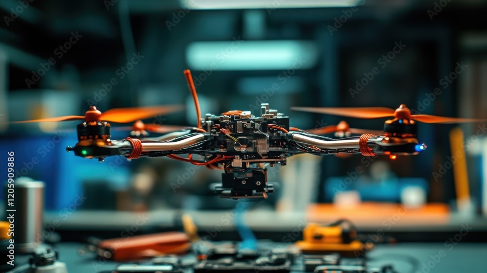 Poster high tech drone with orange propellers hovers in a workshop environment, surrounded by tools and com