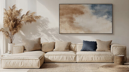Modern living room with a neutral beige couch, textured throw pillows, and a large abstract canvas on a soft white wall.