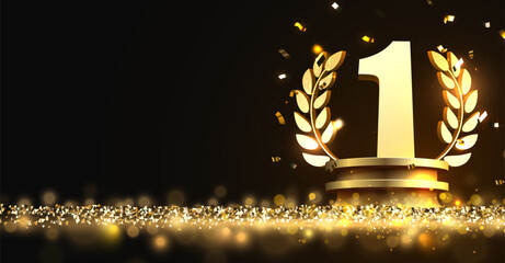 Winner award. Number one. Golden laurel wreath on podium with falling confetti.