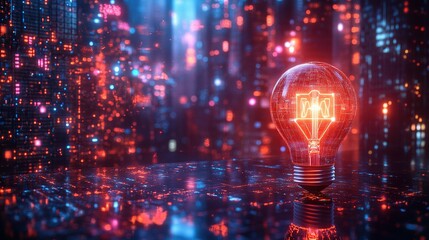 Glowing lightbulb with AI figure in futuristic cityscape