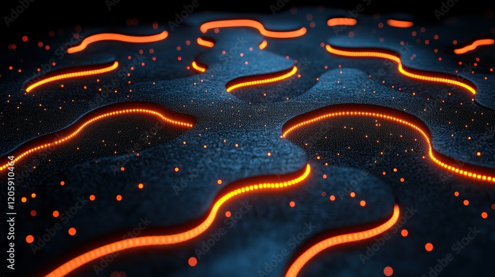 Poster glowing lines flow across dark digital landscape with particle background