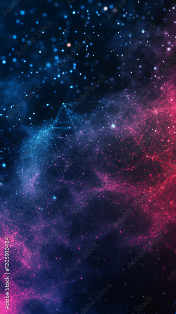 Aufkleber digital network pattern connecting glowing particles through cosmic space, illustrating technologica